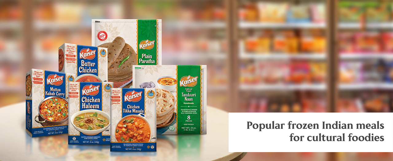 Frozen Indian meals. Frozen Butter Chicken. Frozen Tikka Masala. Ready to eat Haleem. Chicken Karahi. Kabab Curry.